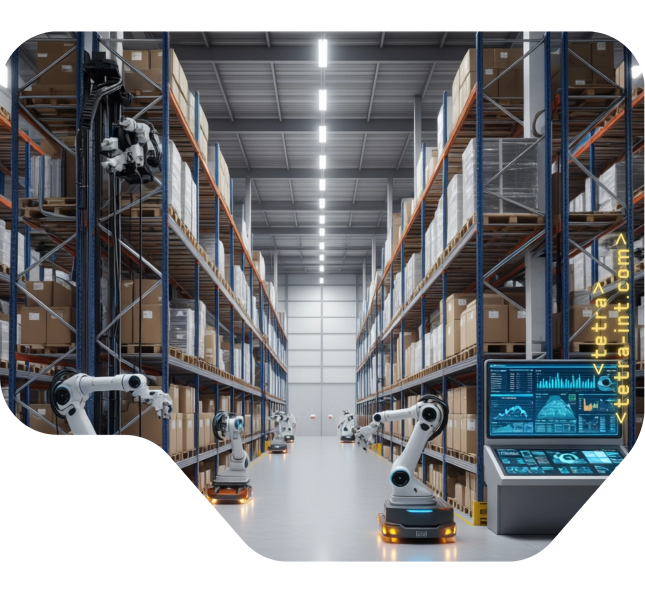 نمای واقع‌گرایانه‌ای از انبار هوشمند با ربات‌ها، سنسورها و سیستم مدیریت دیجیتال